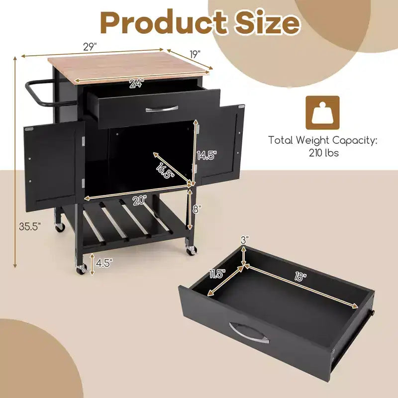 Rolling Kitchen Island Cart w/ Drawer 2-Door Storage Cabinet Bottom Tray