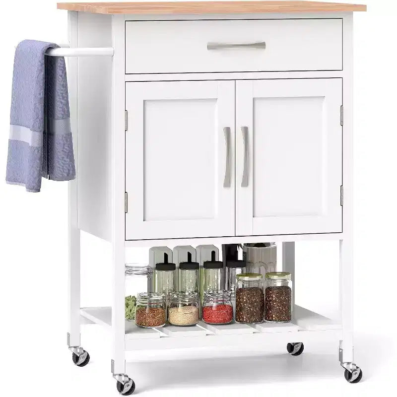 Rolling Kitchen Island Cart w/ Drawer 2-Door Storage Cabinet Bottom Tray