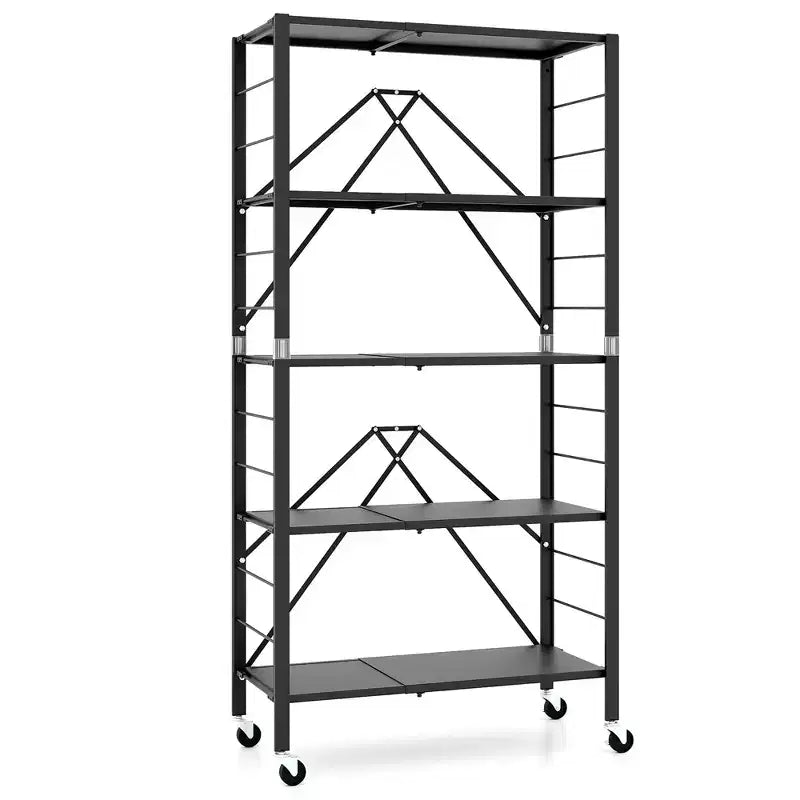5-Tier Foldable Storage Shelf w/ Wheels Adjustable Shelves Metal Shelving Unit