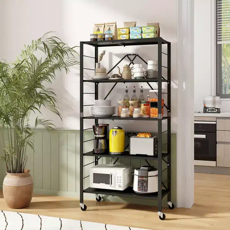 5-Tier Foldable Storage Shelf w/ Wheels Adjustable Shelves Metal Shelving Unit