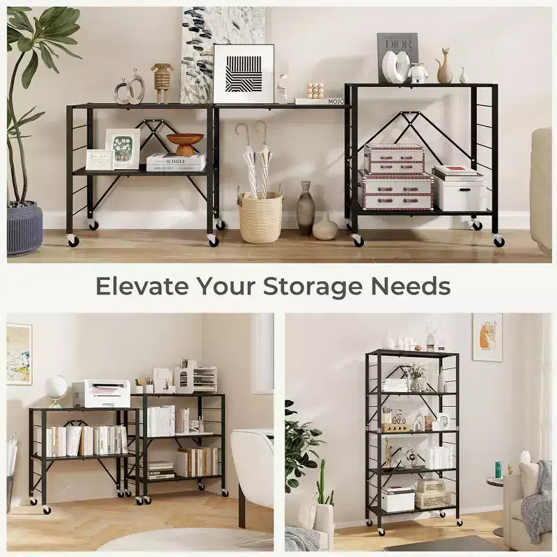 5-Tier Foldable Storage Shelf w/ Wheels Adjustable Shelves Metal Shelving Unit