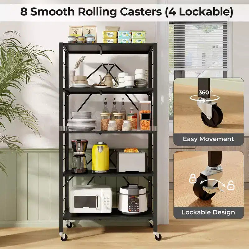 5-Tier Foldable Storage Shelf w/ Wheels Adjustable Shelves Metal Shelving Unit