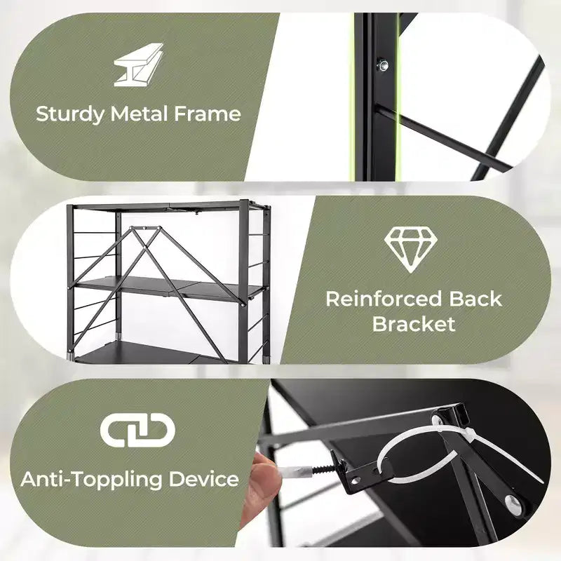 5-Tier Foldable Storage Shelf w/ Wheels Adjustable Shelves Metal Shelving Unit