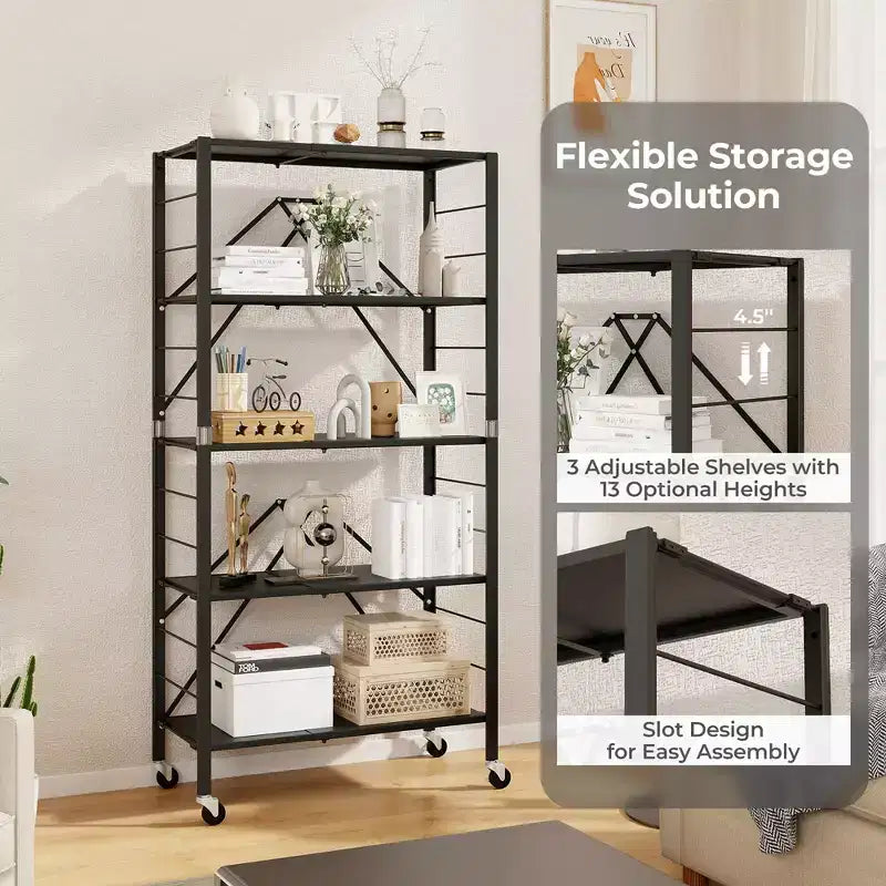 5-Tier Foldable Storage Shelf w/ Wheels Adjustable Shelves Metal Shelving Unit