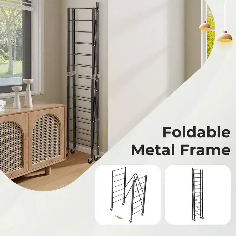 5-Tier Foldable Storage Shelf w/ Wheels Adjustable Shelves Metal Shelving Unit