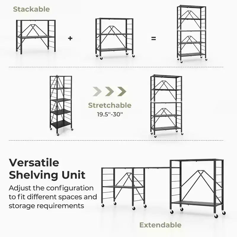 5-Tier Foldable Storage Shelf w/ Wheels Adjustable Shelves Metal Shelving Unit