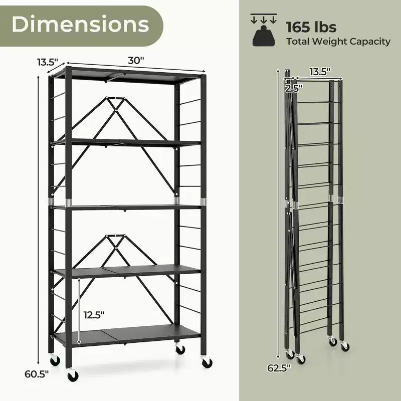 5-Tier Foldable Storage Shelf w/ Wheels Adjustable Shelves Metal Shelving Unit