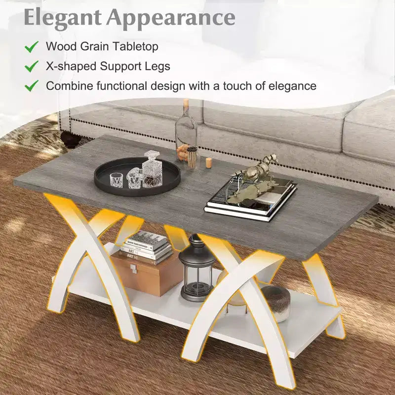 40 Coffee Table w/ Storage Shelf w/X-shaped Legs for Living Room Bedroom
