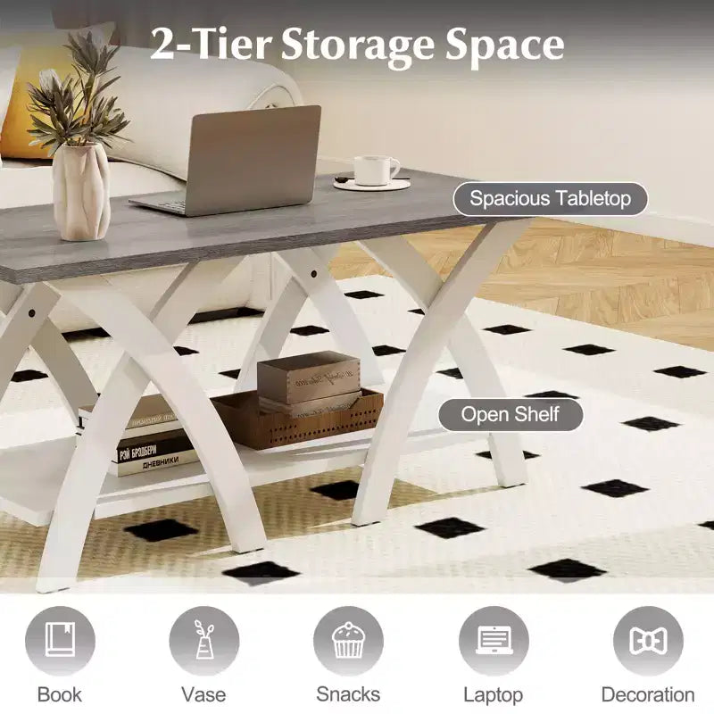 40 Coffee Table w/ Storage Shelf w/X-shaped Legs for Living Room Bedroom