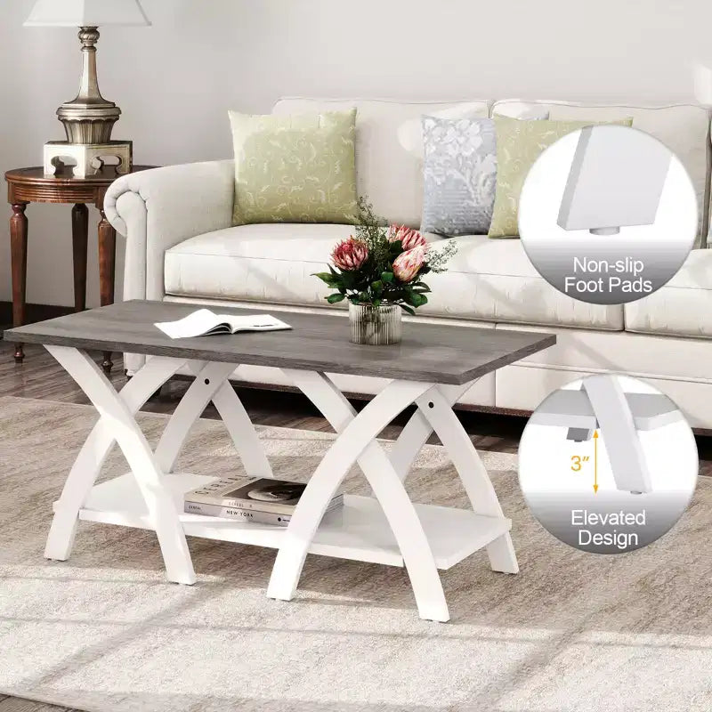 40 Coffee Table w/ Storage Shelf w/X-shaped Legs for Living Room Bedroom