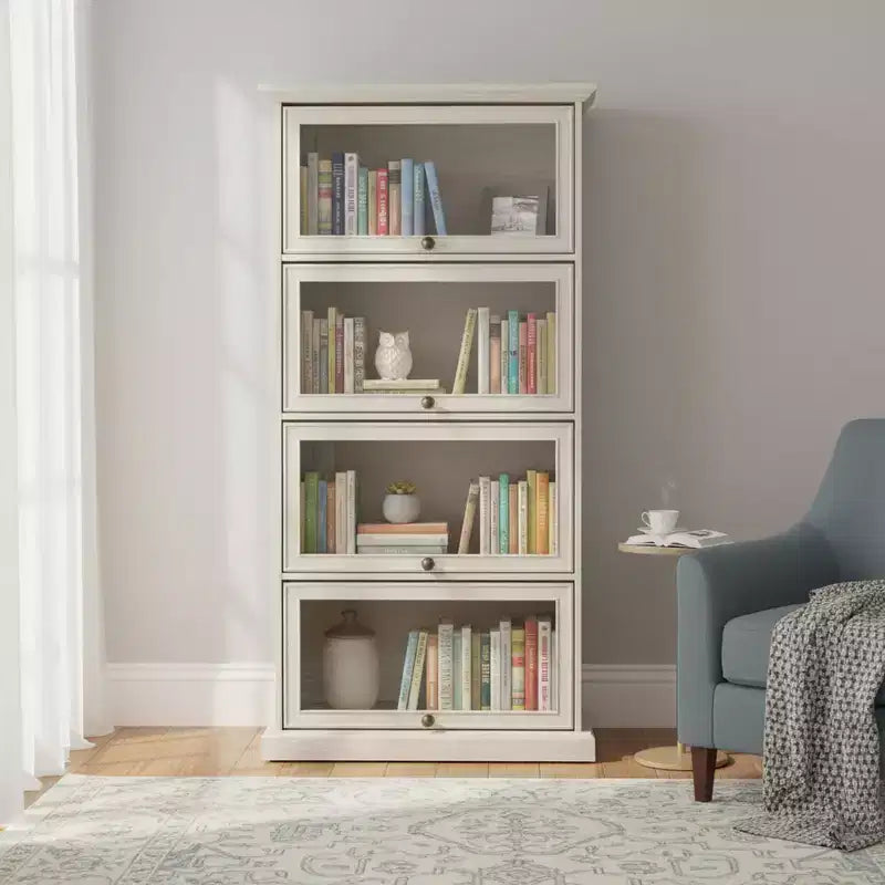4-Tier Glass Display Cabinet with Flip-Up Doors for Living Room, Entryway or Office