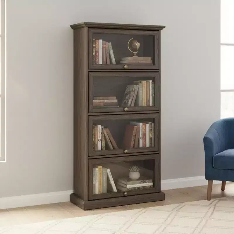 4-Tier Glass Display Cabinet with Flip-Up Doors for Living Room, Entryway or Office
