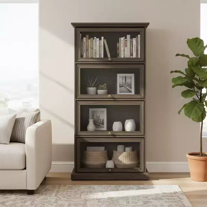 4-Tier Glass Display Cabinet with Flip-Up Doors for Living Room, Entryway or Office