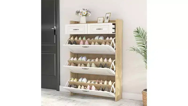 Shoe Cabinet with 3 Flip Drawers, 2 Storage Drawers, Freestanding Modern Shoes Organizer for Hallway, Bedroom , Entryway Storage White