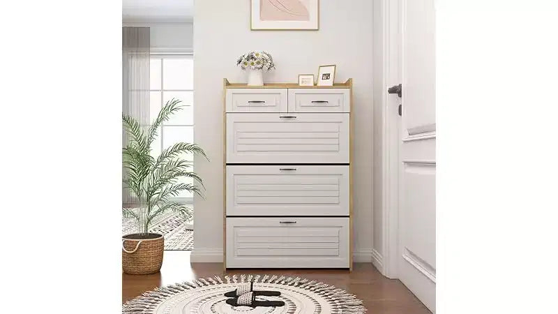 Shoe Cabinet with 3 Flip Drawers, 2 Storage Drawers, Freestanding Modern Shoes Organizer for Hallway, Bedroom , Entryway Storage White