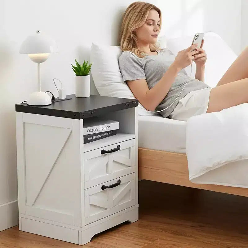 Farmhouse Nightstand with Charging Station, 2-Drawer Rustic End Table with USB Ports & Outlets, Industrial Wood Bedside Table, White