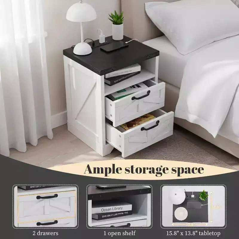 Farmhouse Nightstand with Charging Station, 2-Drawer Rustic End Table with USB Ports & Outlets, Industrial Wood Bedside Table, White