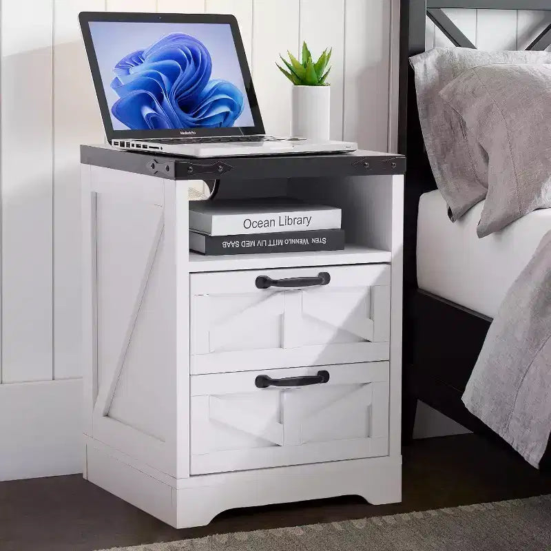 Farmhouse Nightstand with Charging Station, 2-Drawer Rustic End Table with USB Ports & Outlets, Industrial Wood Bedside Table, White