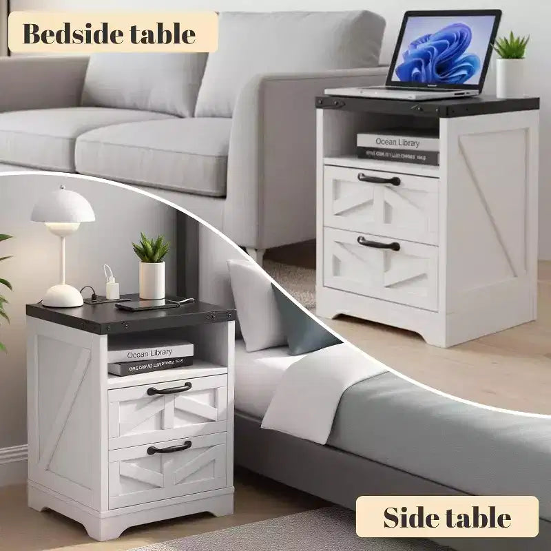 Farmhouse Nightstand with Charging Station, 2-Drawer Rustic End Table with USB Ports & Outlets, Industrial Wood Bedside Table, White