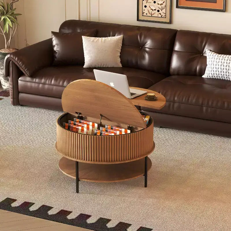 Rustic 31.5 Round Lift-Top Coffee Table with Hidden Storage