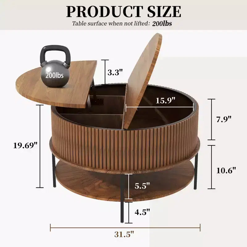 Rustic 31.5 Round Lift-Top Coffee Table with Hidden Storage