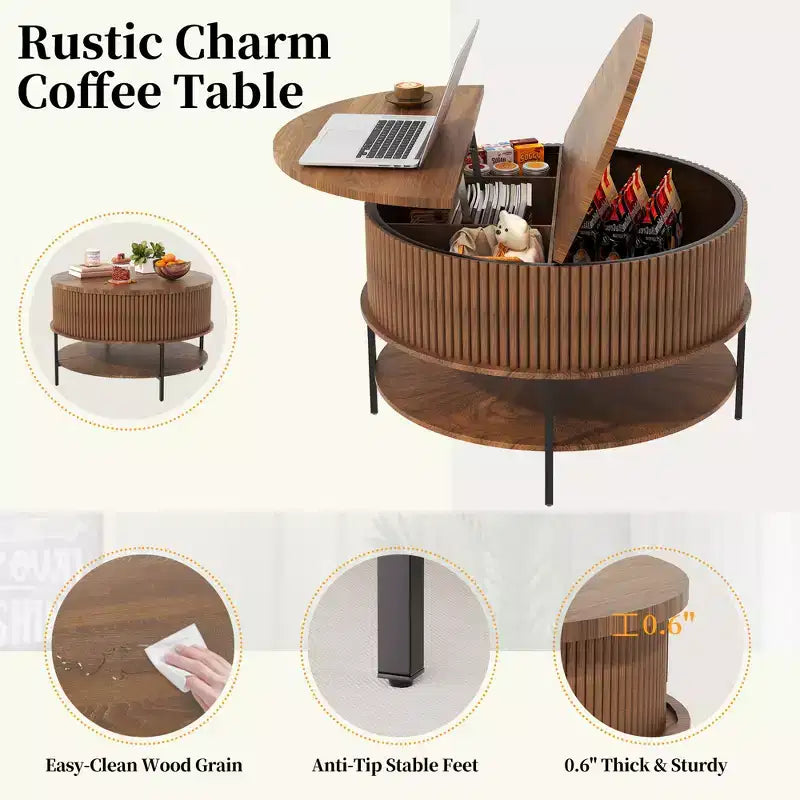 Rustic 31.5 Round Lift-Top Coffee Table with Hidden Storage