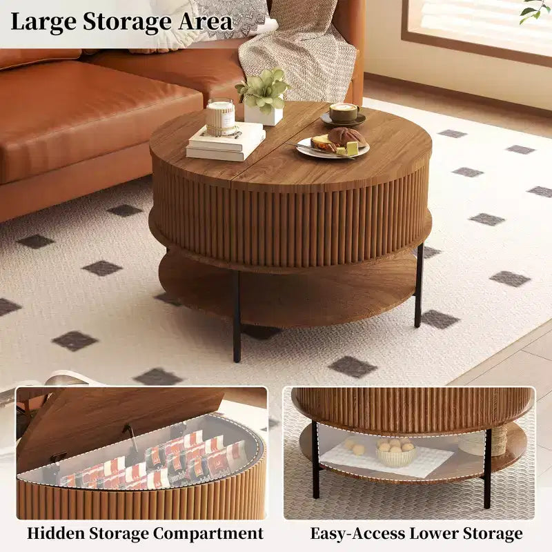 Rustic 31.5 Round Lift-Top Coffee Table with Hidden Storage