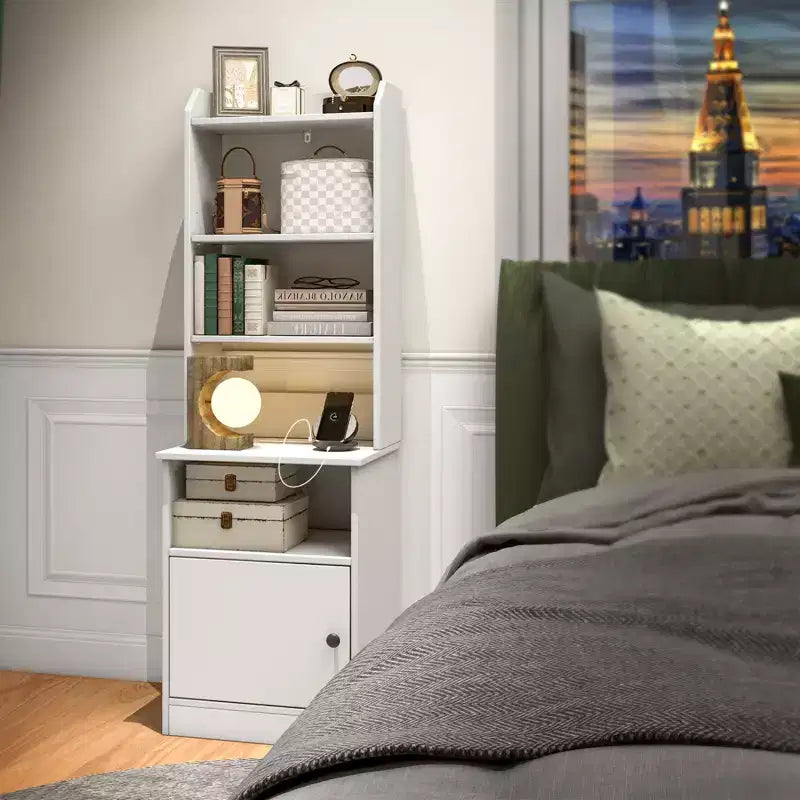 Nightstand Bedside End Side Table Bookshelf w/ Charging Station