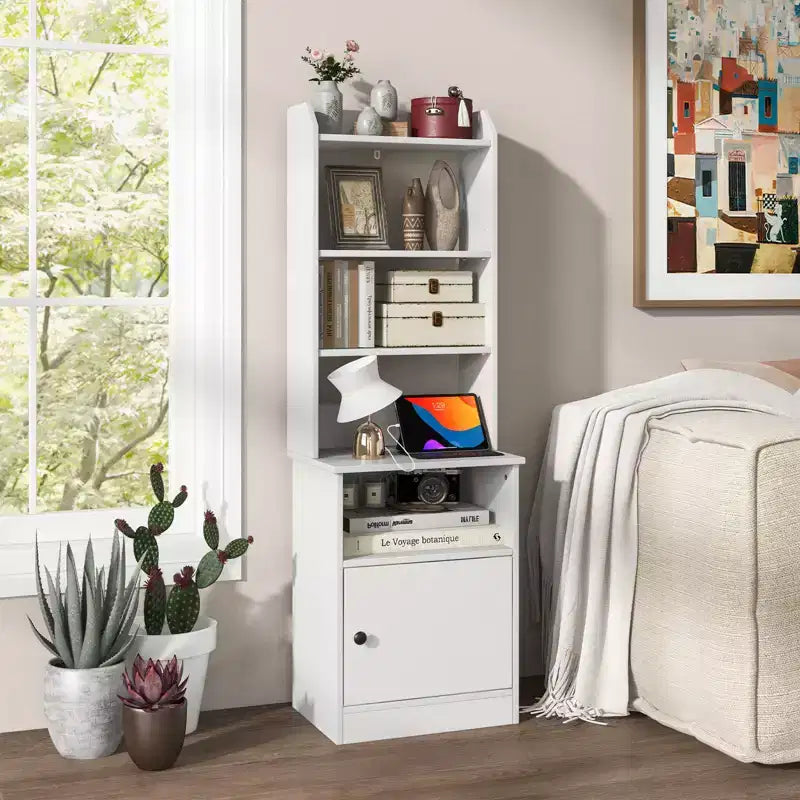 Nightstand Bedside End Side Table Bookshelf w/ Charging Station