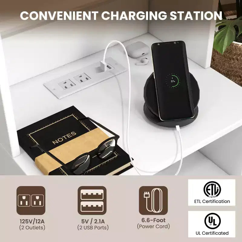 Nightstand Bedside End Side Table Bookshelf w/ Charging Station