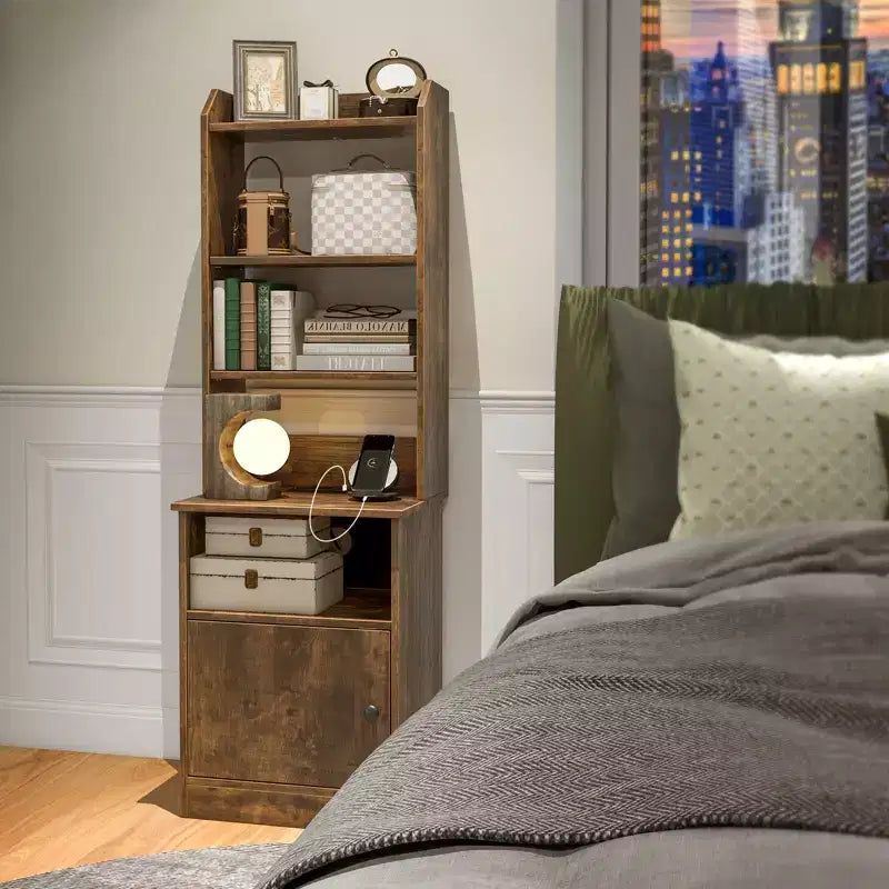 Nightstand Bedside End Side Table Bookshelf w/ Charging Station