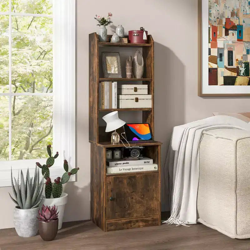 Nightstand Bedside End Side Table Bookshelf w/ Charging Station