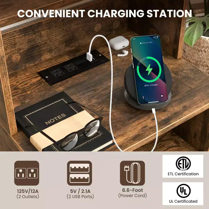 Nightstand Bedside End Side Table Bookshelf w/ Charging Station