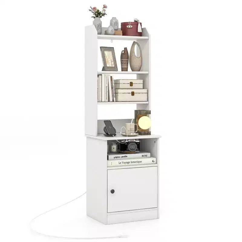 Nightstand Bedside End Side Table Bookshelf w/ Charging Station
