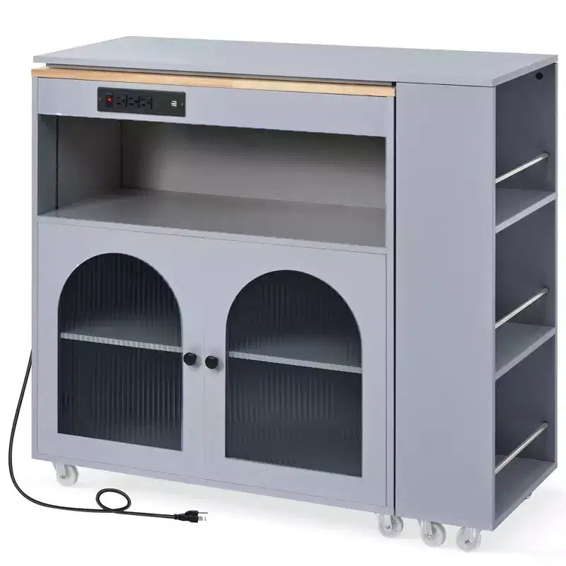Rolling Kitchen Island With Extended Table, Kitchen Island on Wheels with LED Lights, Power Outlets, 2 Fluted Glass Doorsand Storage Shelves