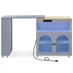 Îlot de cuisine roulant avec table extensible, îlot de cuisine sur roulettes avec lumières LED, prises électriques, 2 portes en verre cannelé et étagères de rangement