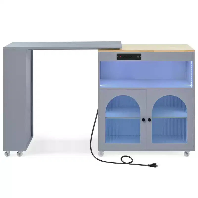Rolling Kitchen Island With Extended Table, Kitchen Island on Wheels with LED Lights, Power Outlets, 2 Fluted Glass Doorsand Storage Shelves