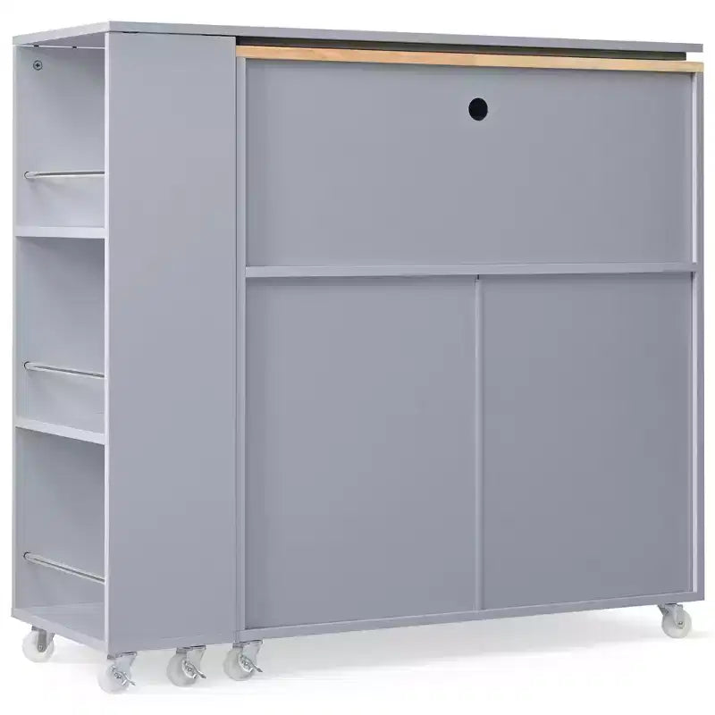 Rolling Kitchen Island With Extended Table, Kitchen Island on Wheels with LED Lights, Power Outlets, 2 Fluted Glass Doorsand Storage Shelves