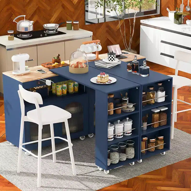 Rolling Kitchen Island With Extended Table, Kitchen Island on Wheels with LED Lights, Power Outlets, 2 Fluted Glass Doorsand Storage Shelves