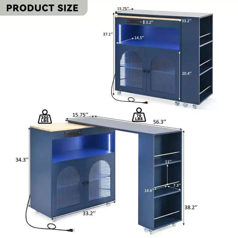 Rolling Kitchen Island With Extended Table, Kitchen Island on Wheels with LED Lights, Power Outlets, 2 Fluted Glass Doorsand Storage Shelves
