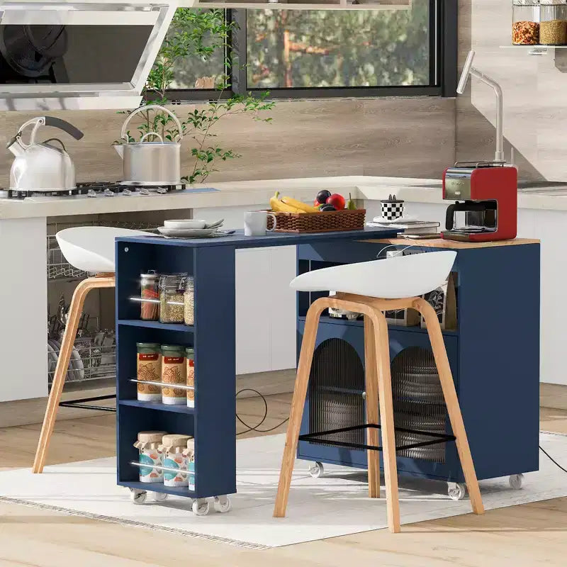 Rolling Kitchen Island With Extended Table, Kitchen Island on Wheels with LED Lights, Power Outlets, 2 Fluted Glass Doorsand Storage Shelves