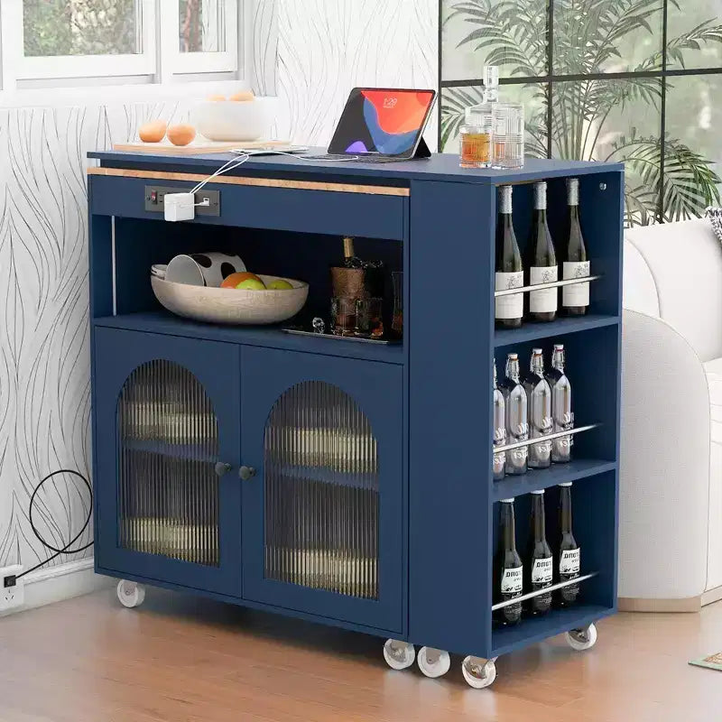Rolling Kitchen Island With Extended Table, Kitchen Island on Wheels with LED Lights, Power Outlets, 2 Fluted Glass Doorsand Storage Shelves