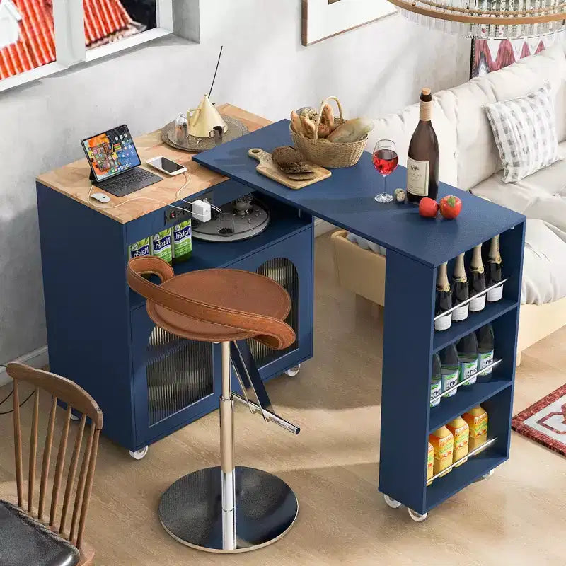 Rolling Kitchen Island With Extended Table, Kitchen Island on Wheels with LED Lights, Power Outlets, 2 Fluted Glass Doorsand Storage Shelves