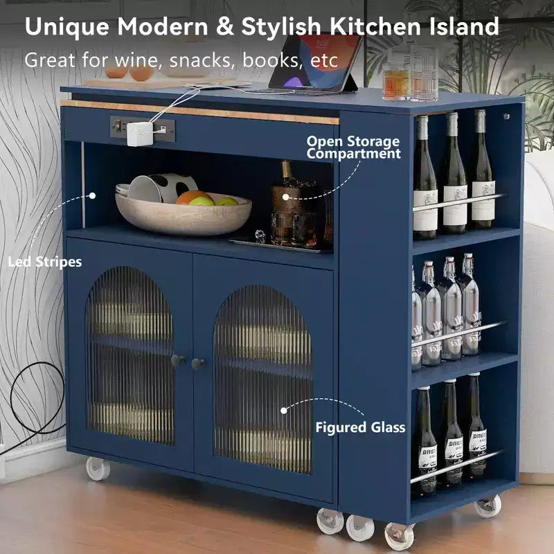 Rolling Kitchen Island With Extended Table, Kitchen Island on Wheels with LED Lights, Power Outlets, 2 Fluted Glass Doorsand Storage Shelves