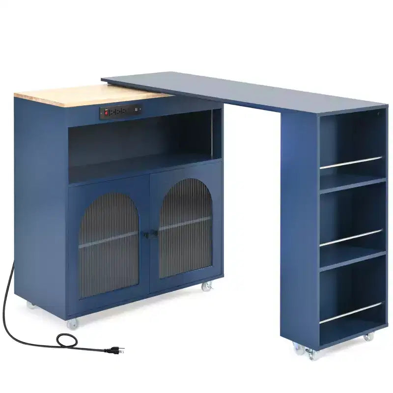 Rolling Kitchen Island With Extended Table, Kitchen Island on Wheels with LED Lights, Power Outlets, 2 Fluted Glass Doorsand Storage Shelves