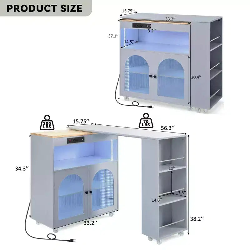 Rolling Kitchen Island With Extended Table, Kitchen Island on Wheels with LED Lights, Power Outlets, 2 Fluted Glass Doorsand Storage Shelves