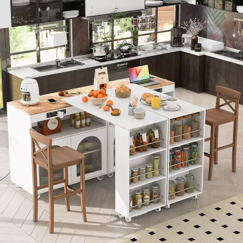 Rolling Kitchen Island With Extended Table, Kitchen Island on Wheels with LED Lights, Power Outlets, 2 Fluted Glass Doorsand Storage Shelves