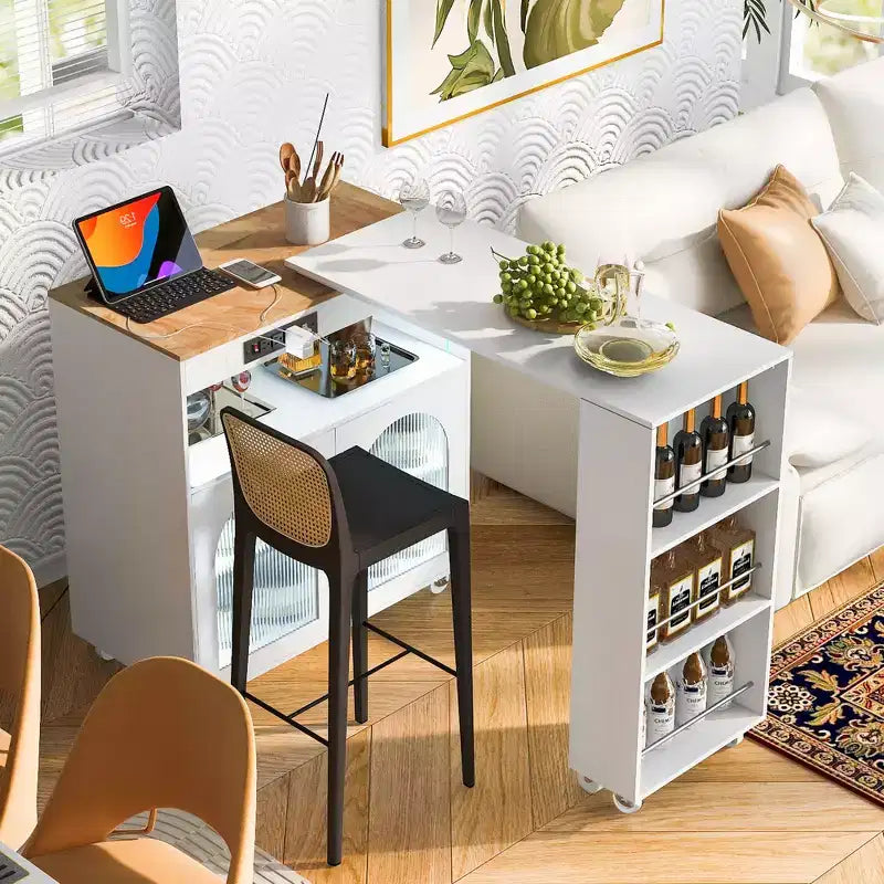 Rolling Kitchen Island With Extended Table, Kitchen Island on Wheels with LED Lights, Power Outlets, 2 Fluted Glass Doorsand Storage Shelves