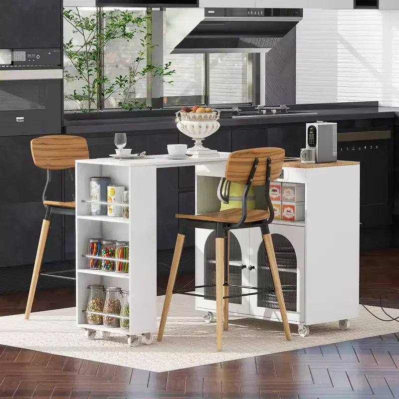 Rolling Kitchen Island With Extended Table, Kitchen Island on Wheels with LED Lights, Power Outlets, 2 Fluted Glass Doorsand Storage Shelves