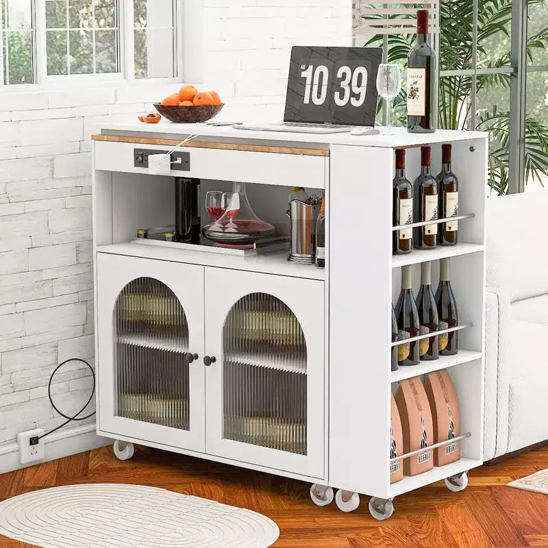 Rolling Kitchen Island With Extended Table, Kitchen Island on Wheels with LED Lights, Power Outlets, 2 Fluted Glass Doorsand Storage Shelves